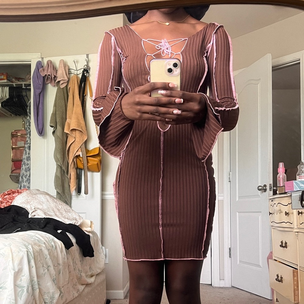 Lace up brown and pink club dress